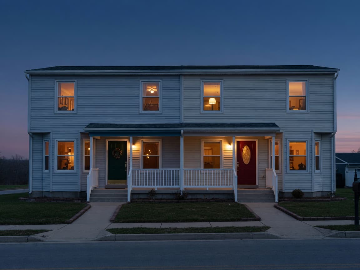 A side-by-side duplex at dusk