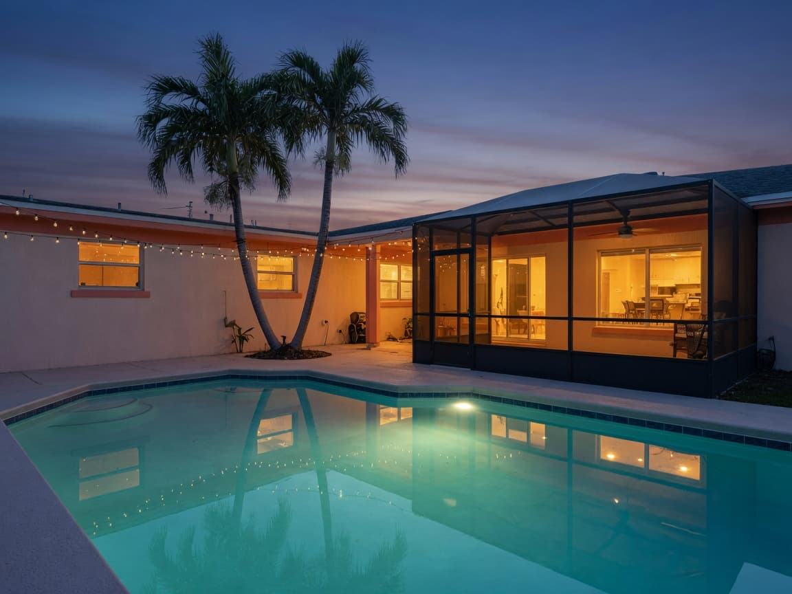 A pool home at dusk
